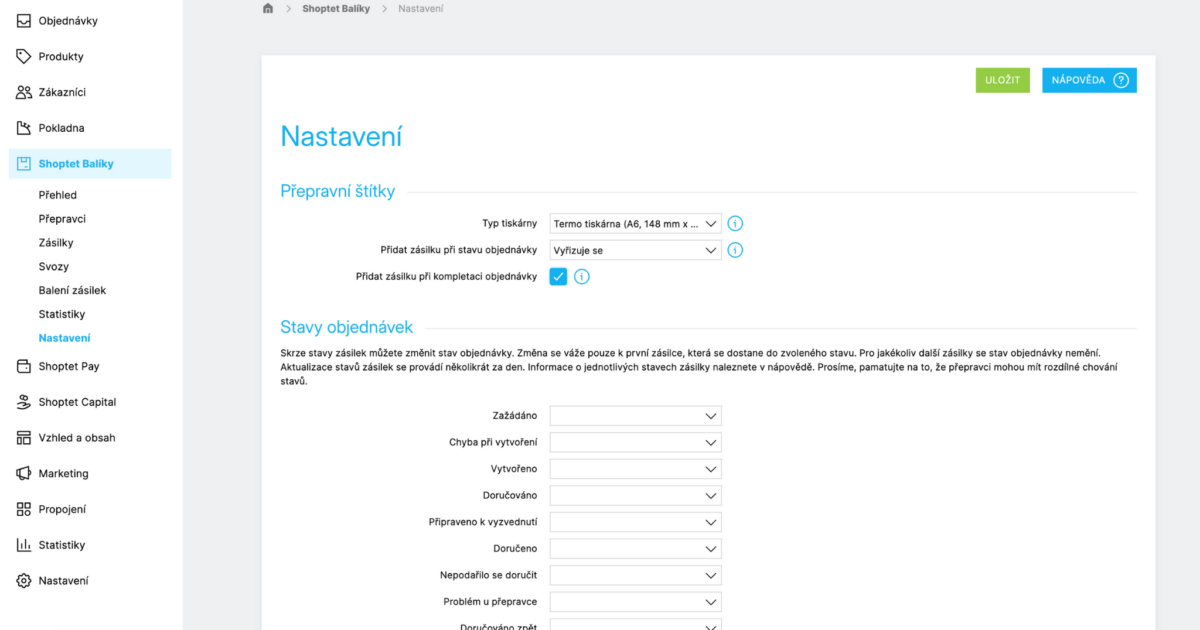 Administrace, sekce Shopet Balíky, Nastavení