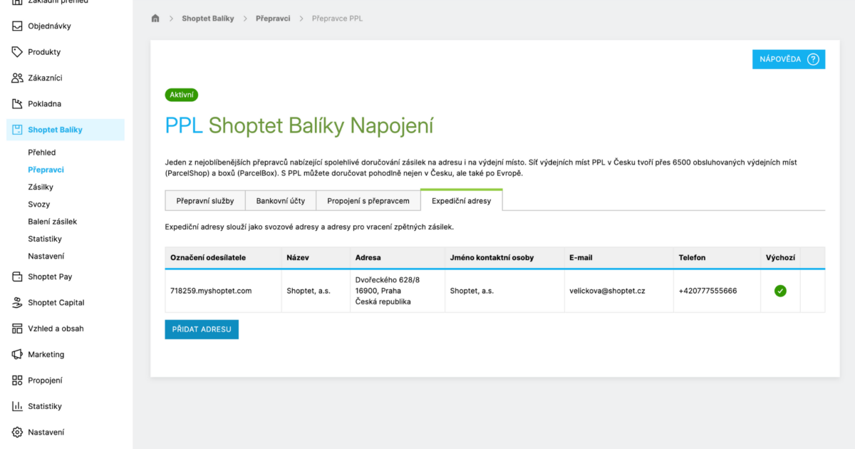 Administrace, sekce Shoptet Balíky, Přepravci, Přepravce PPL, Expediční adresy