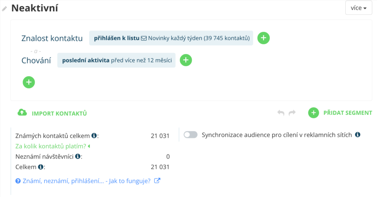Náhled z platformy Leadhub – Neaktivní odběratelé