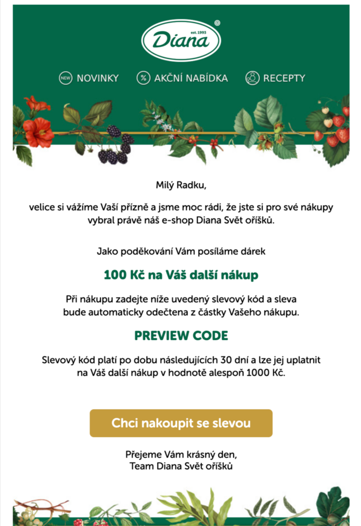 Ukázka e-mailu s poukazem na 100 Kč, poděkování