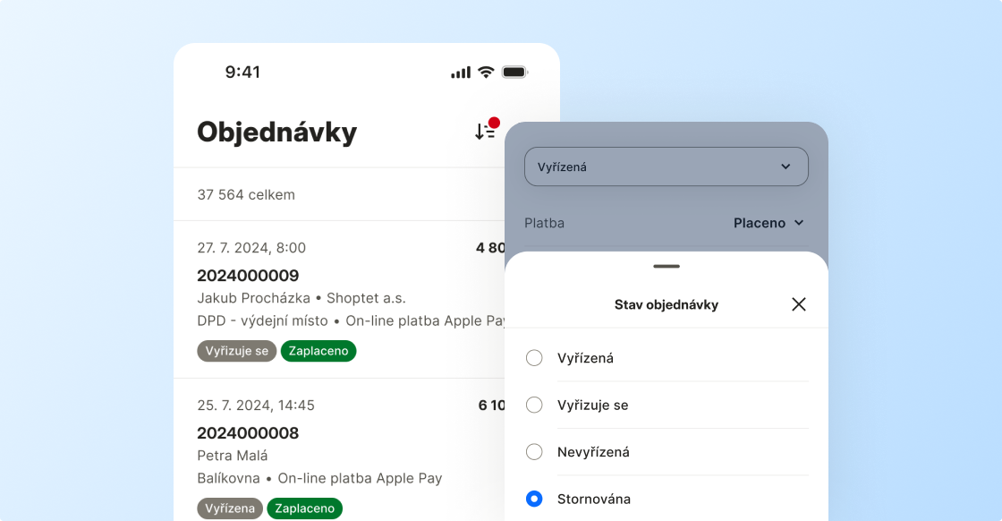 Ukázka z aplikace sekce Objednávky