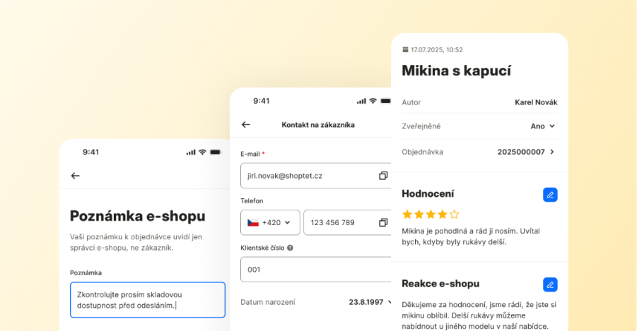 Ukázky z aplikace: Poznámka e-shopu, kontakt, produkt