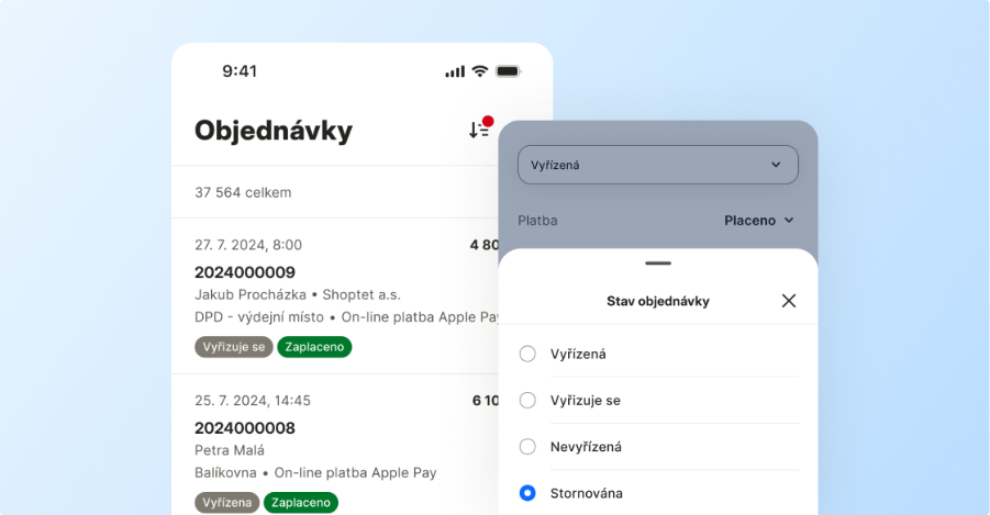 Display mobilního telefonu a ukázka Objednávek a jejich stavů