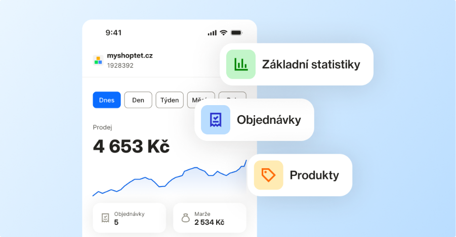 Display mobilního telefonu, ukázka statisktik z aplikace Shoptet