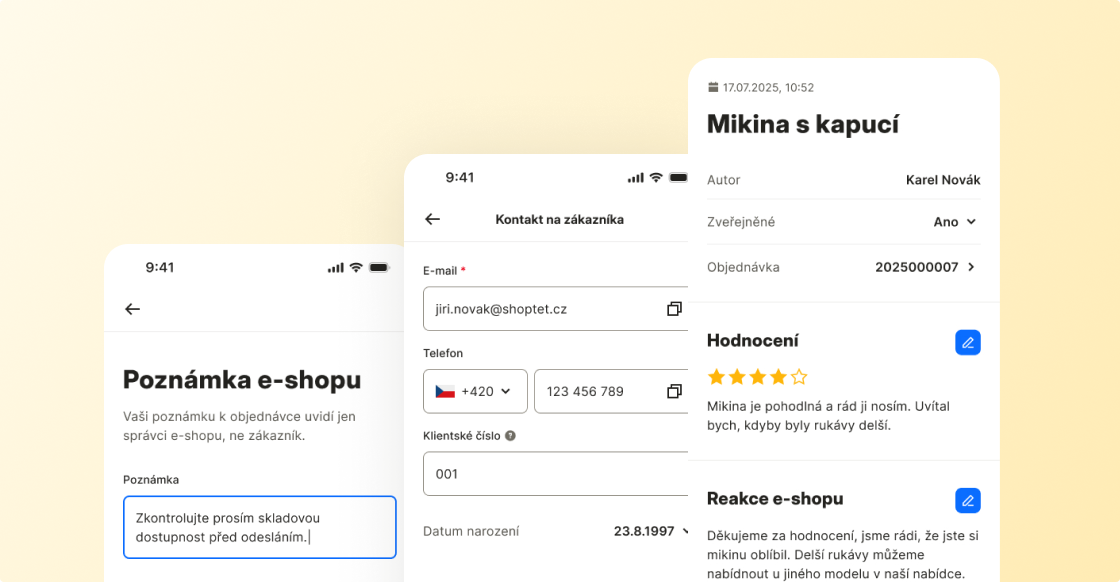 Ukázky z aplikace: Poznámka e-shopu, kontakt, produkt
