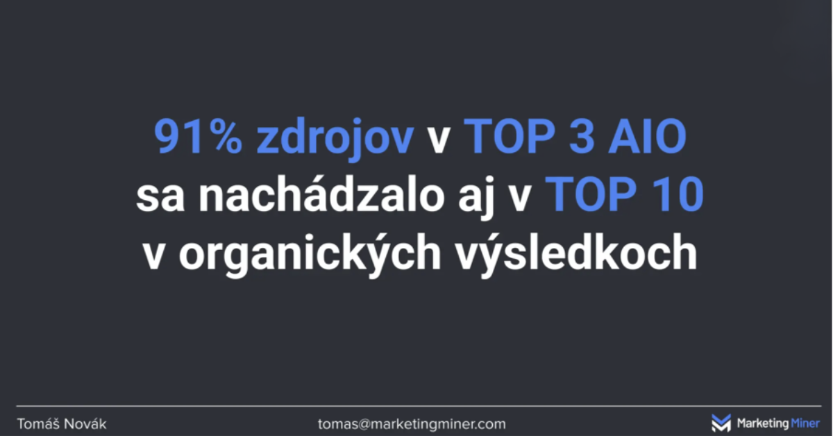 Slajd z prezentace Tomáše Nováka, 91 % zdrojů v TOP 3 AIO se nacházelo i v TOP 10 v organických výsledcích