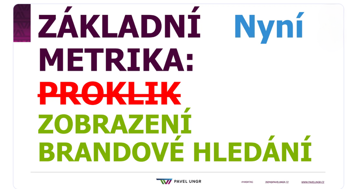 Slajd z prezentace Pavla Ungra, Základní metrika už není proklik, ale zobrazení a brandové hledání