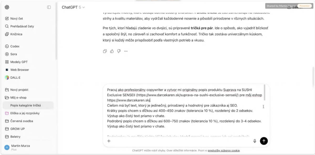 Ukázka z ChatGPT, psaní promptu