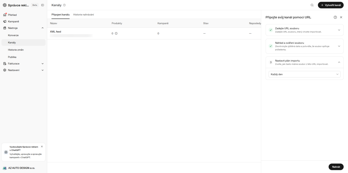 XML feed, nastavení Ads manager GPT