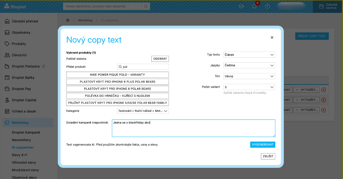 AI Copywriter funkce v administraci Shoptet