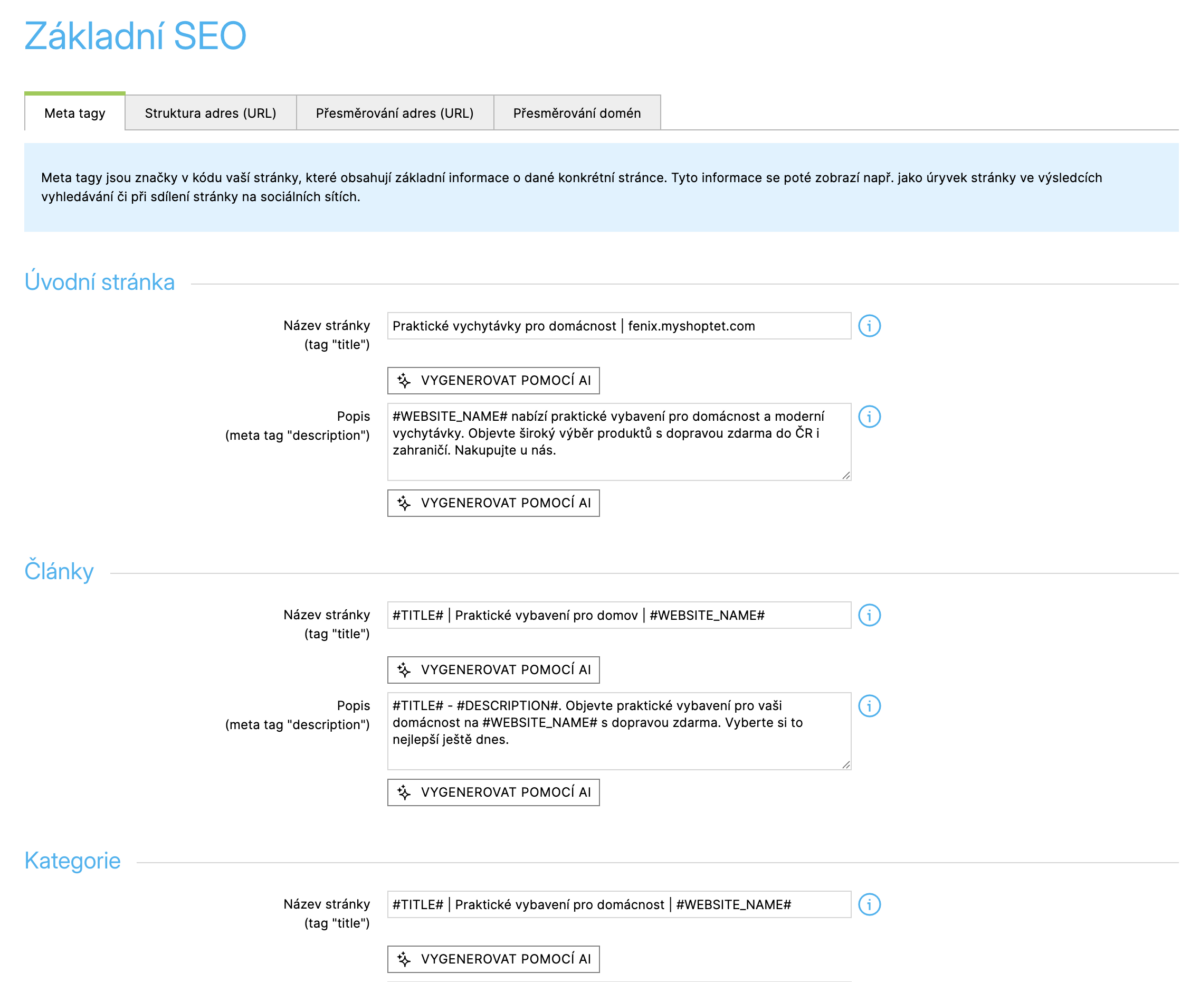 SEO AI funkce Shoptet