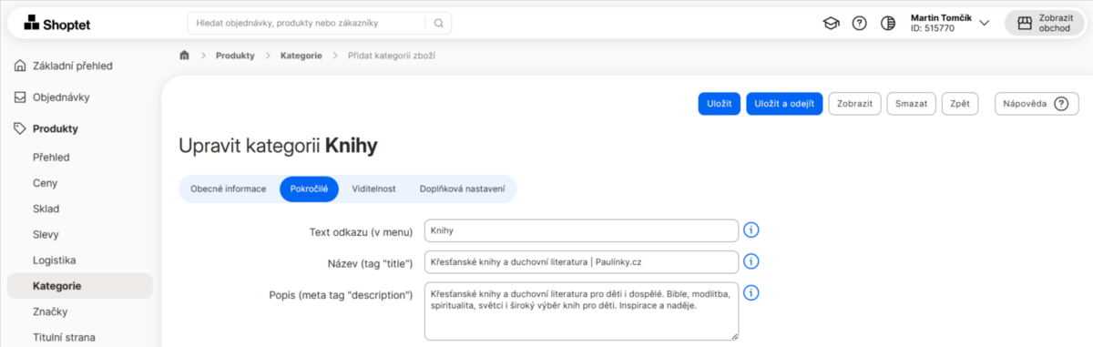 jak nastavit SEO v kategorii, metadata, Shoptet