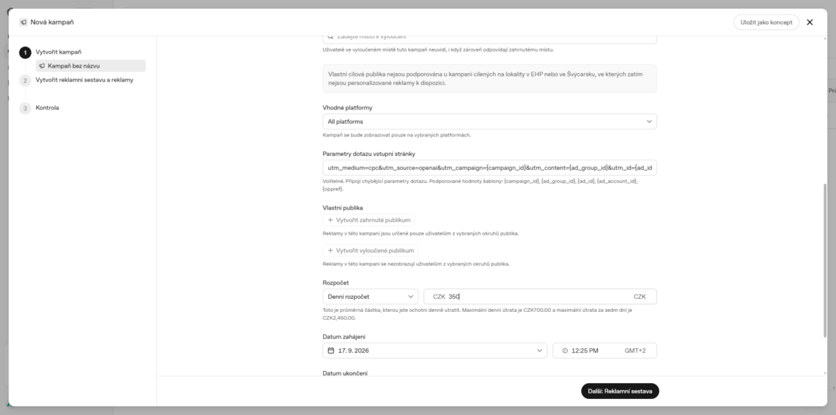 UTM OpenAI Ads, Ads Manager, návod, nastavení GPT reklamy