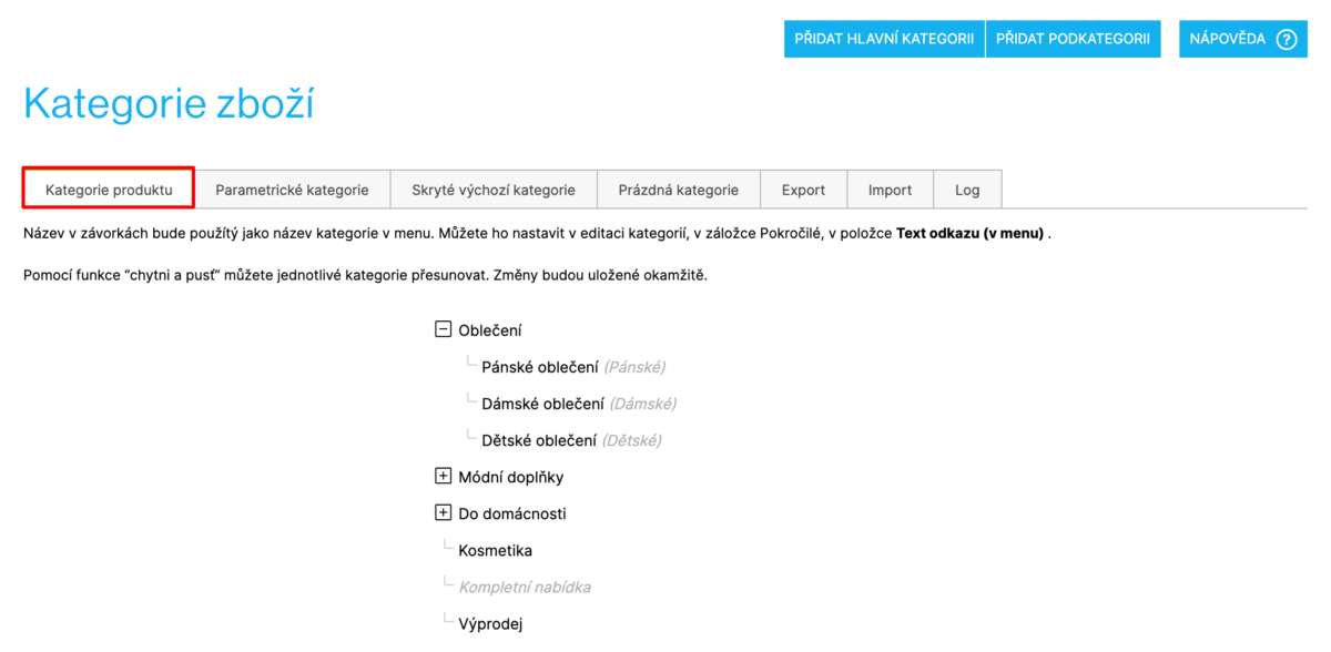 kategorie a filtry e-shop s módou